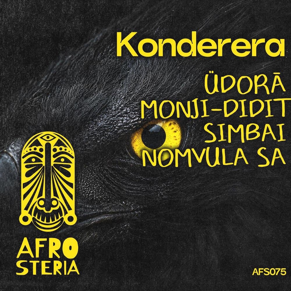 Konderera cover: yellow lettering and a yellow eye on black, with the Afrosteria mask